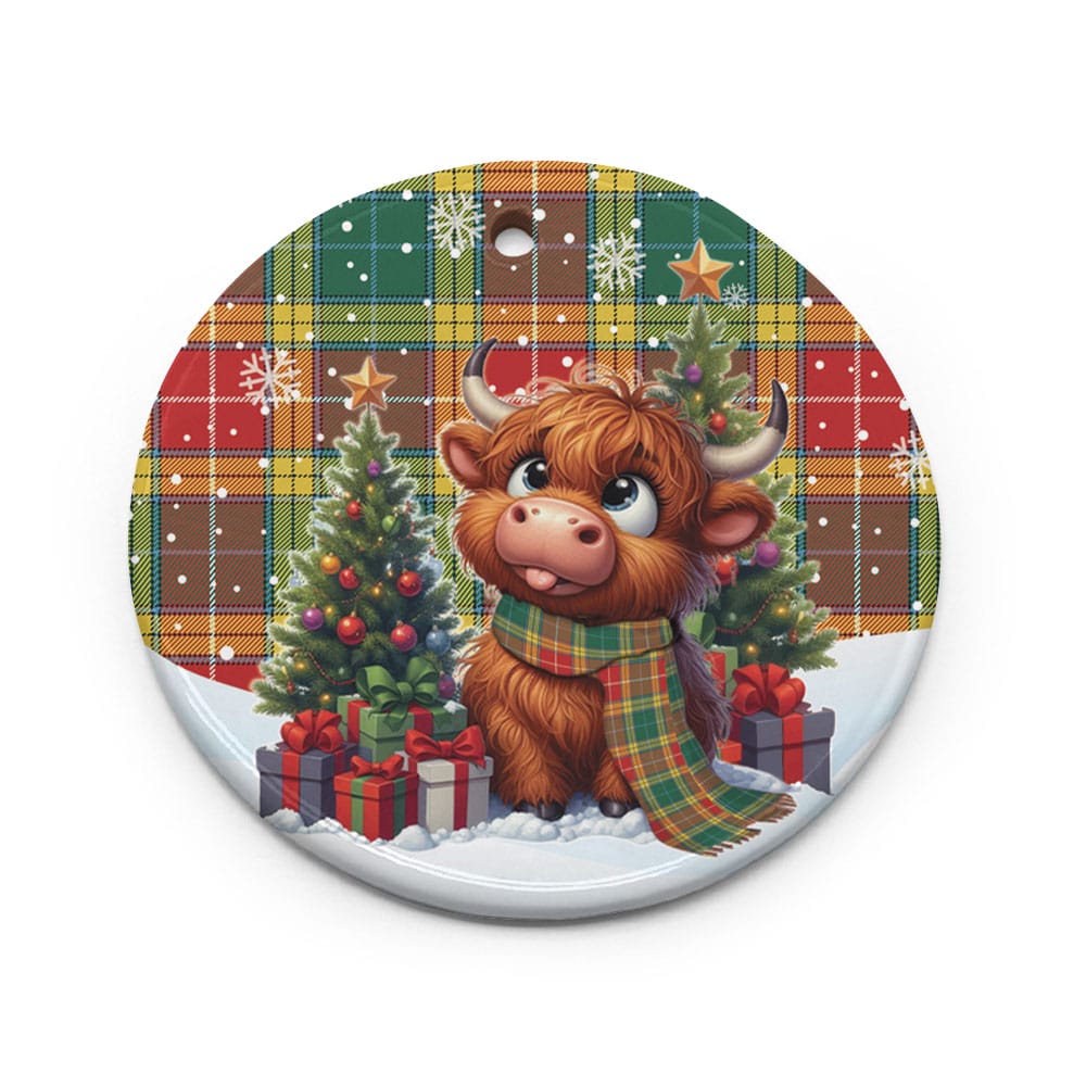 Scottish Buchanan Old Sett Tartan Ceramic Ornament Cute Highland Cow Christmas - Image 2