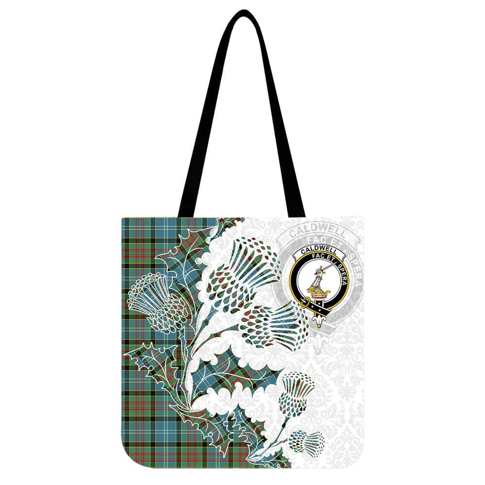 Scottish Caldwell Clan Crest Tartan Tote Bag - Thistle Flowers Style