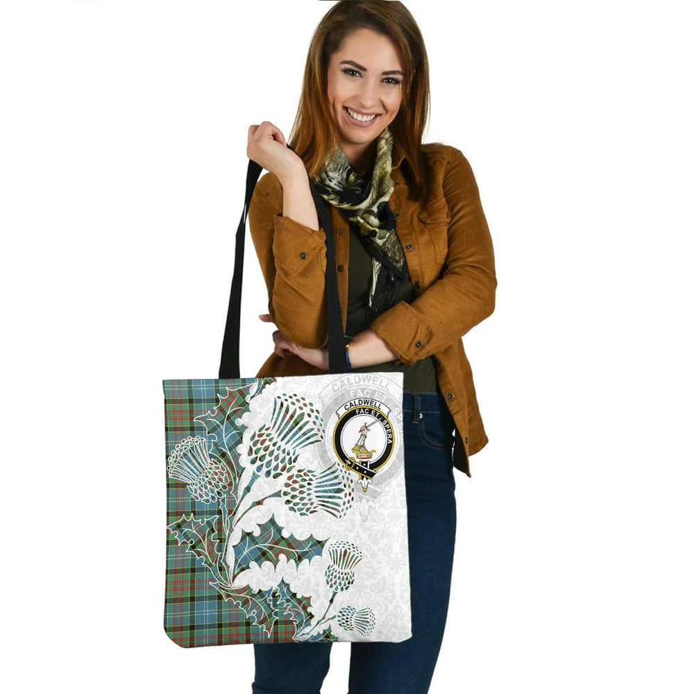 Scottish Caldwell Clan Crest Tartan Tote Bag - Thistle Flowers Style - Image 2