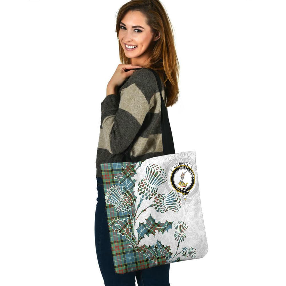Scottish Caldwell Clan Crest Tartan Tote Bag - Thistle Flowers Style - Image 3
