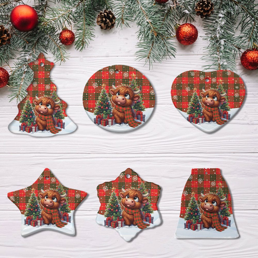 Scottish Cameron Modern Tartan Ceramic Ornament Cute Highland Cow Christmas