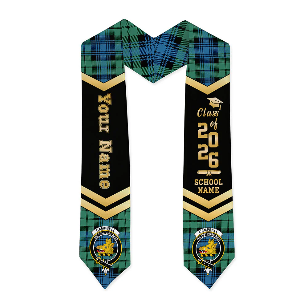 Scottish Campbell Ancient 01 Clan Badge Tartan Graduation Stole Black Gold Honor