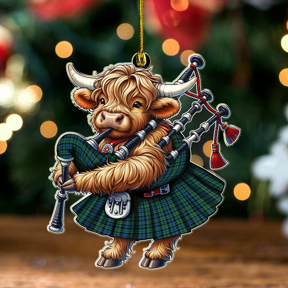 Scottish Campbell Ancient 02 Tartan Ornament Highland Cow Playing Bagpipes
