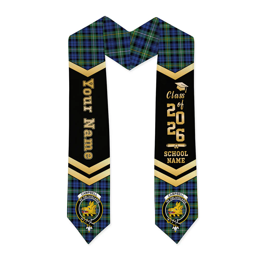 Scottish Campbell Argyll Ancient Clan Badge Tartan Graduation Stole Black Gold Honor