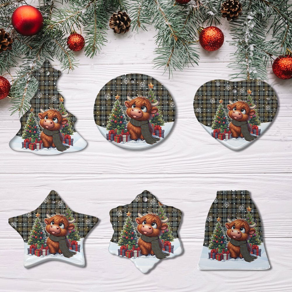 Scottish Campbell Argyll Weathered Tartan Ceramic Ornament Cute Highland Cow Christmas