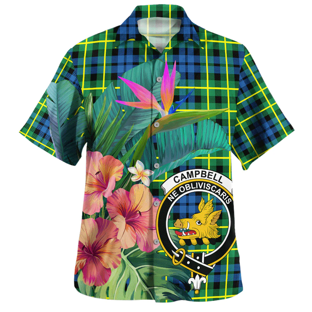 Scottish Campbell of Breadalbane Ancient Clan Badge Tartan Hawaiian Shirt Bouquet Tropical Style