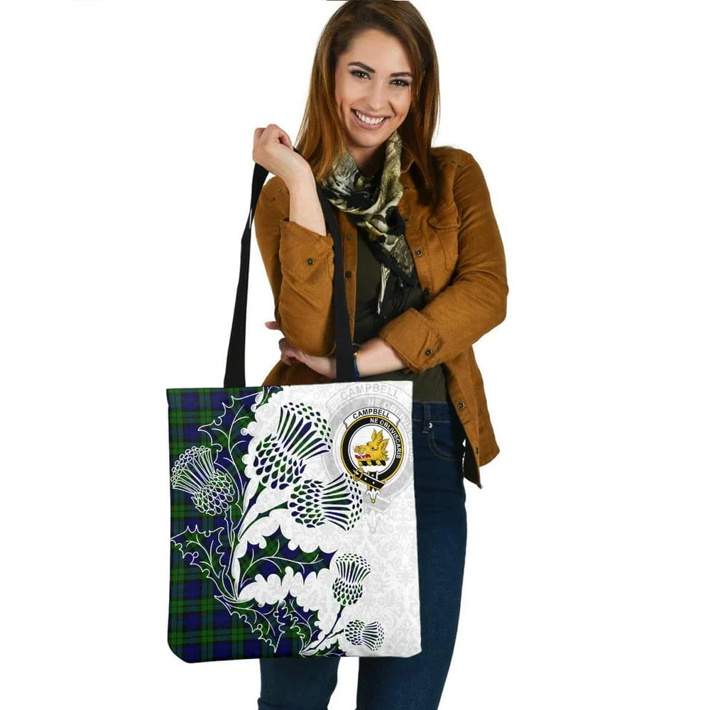 Scottish Campbell of Breadalbane Clan Crest Tartan Tote Bag - Thistle Flowers Style - Image 2