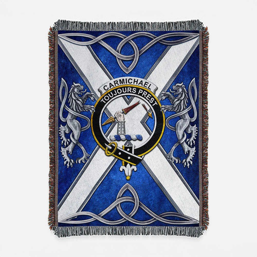 Scottish Carmichael Clan Badge Woven Blanket Silver Rampant Lion Emblem