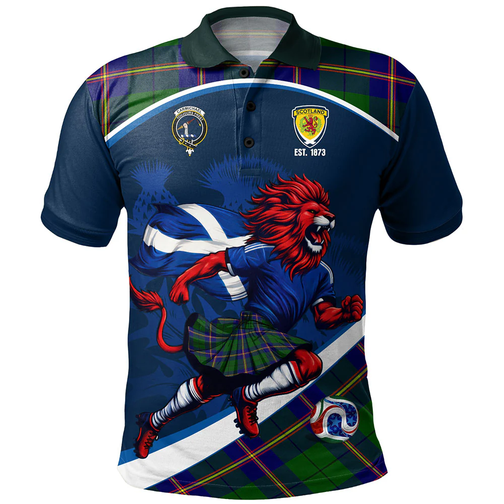 Scottish Carmichael Modern Clan Badge Tartan Polo Shirt Scotland Lion Brave Highland Spirit