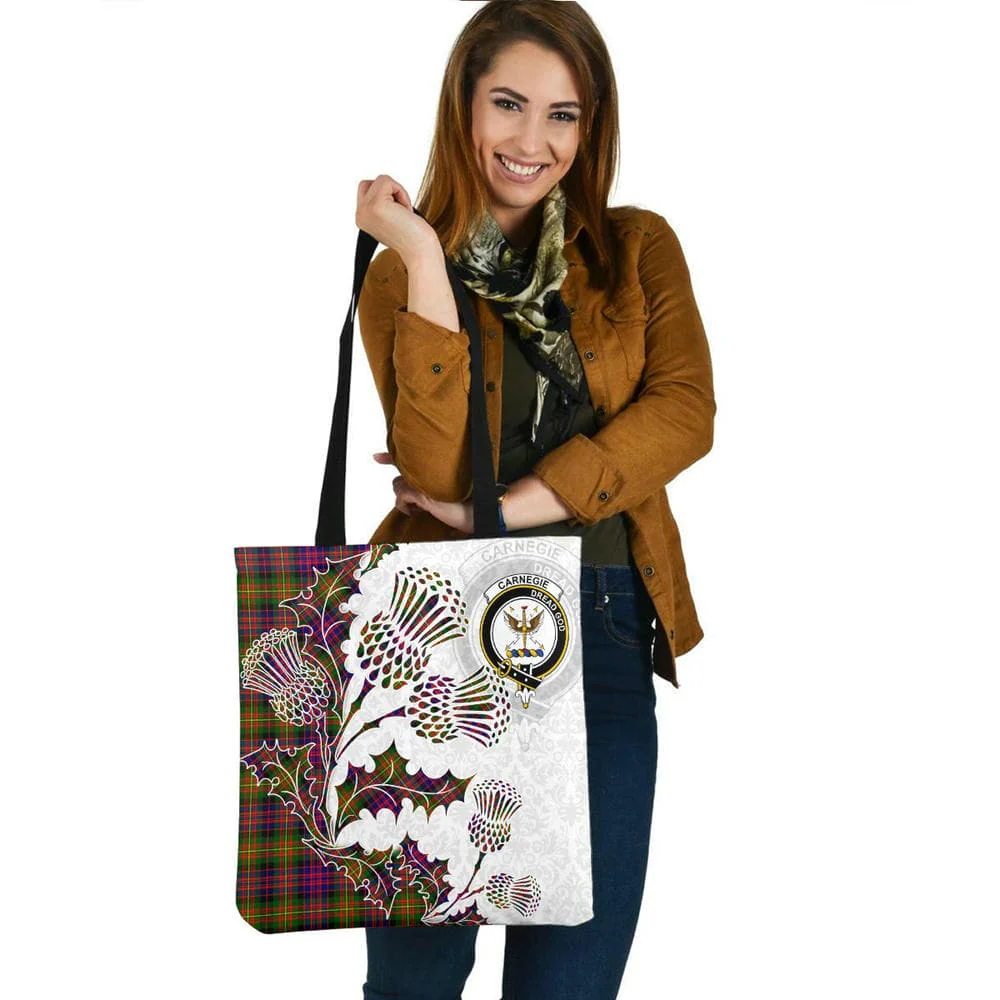 Scottish Carnegie Clan Crest Tartan Tote Bag - Thistle Flowers Style - Image 2