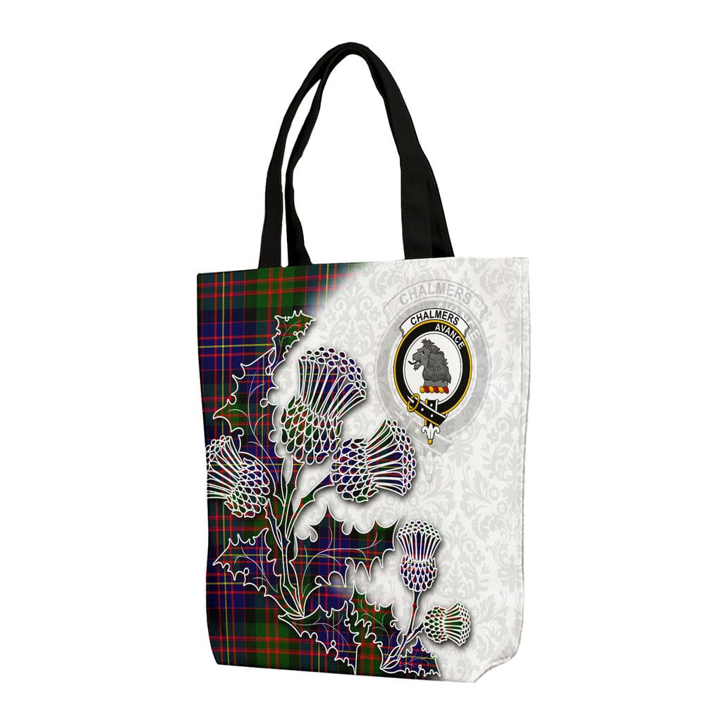 Scottish Chalmers Clan Badge Tartan Canvas Bag With Shoulder Straps - Thistle Flowers Style
