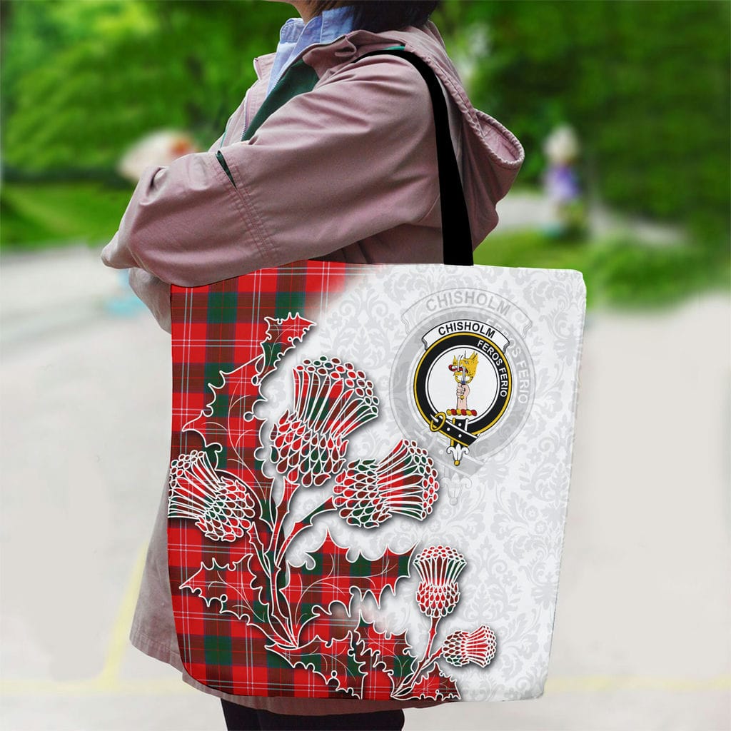 Scottish Chisholm Clan Badge Tartan Canvas Bag With Shoulder Straps - Thistle Flowers Style - Image 2