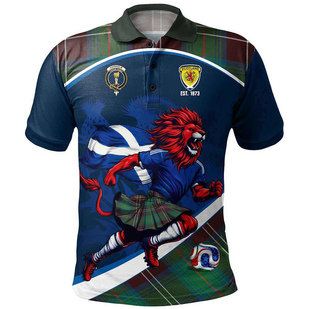 Scottish Chisholm Hunting Ancient Clan Badge Tartan Polo Shirt Scotland Lion Brave Highland Spirit