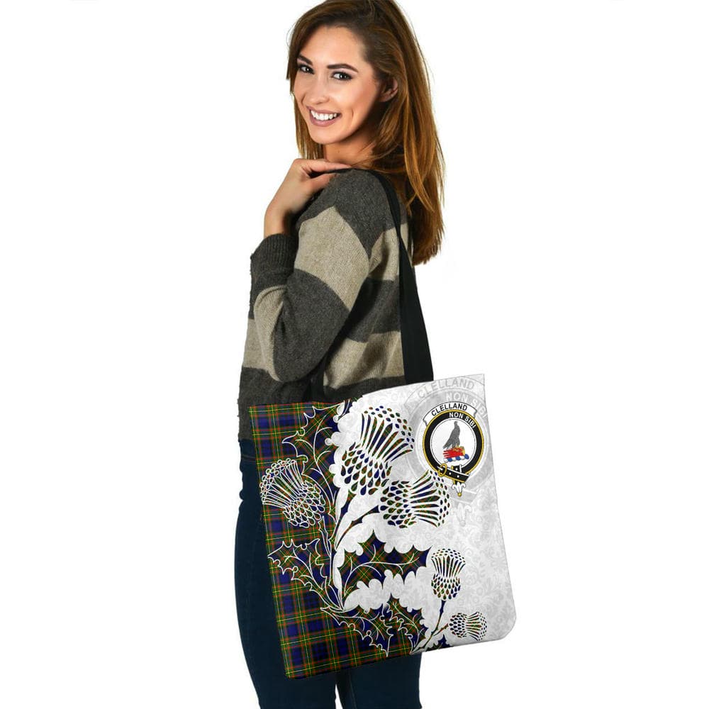 Scottish Clelland Clan Crest Tartan Tote Bag - Thistle Flowers Style - Image 3