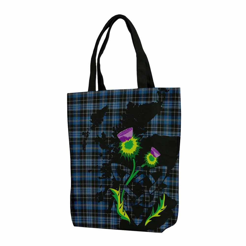 Scottish Clergy Blue Tartan Canvas Bag With Shoulder Strap With Thistle