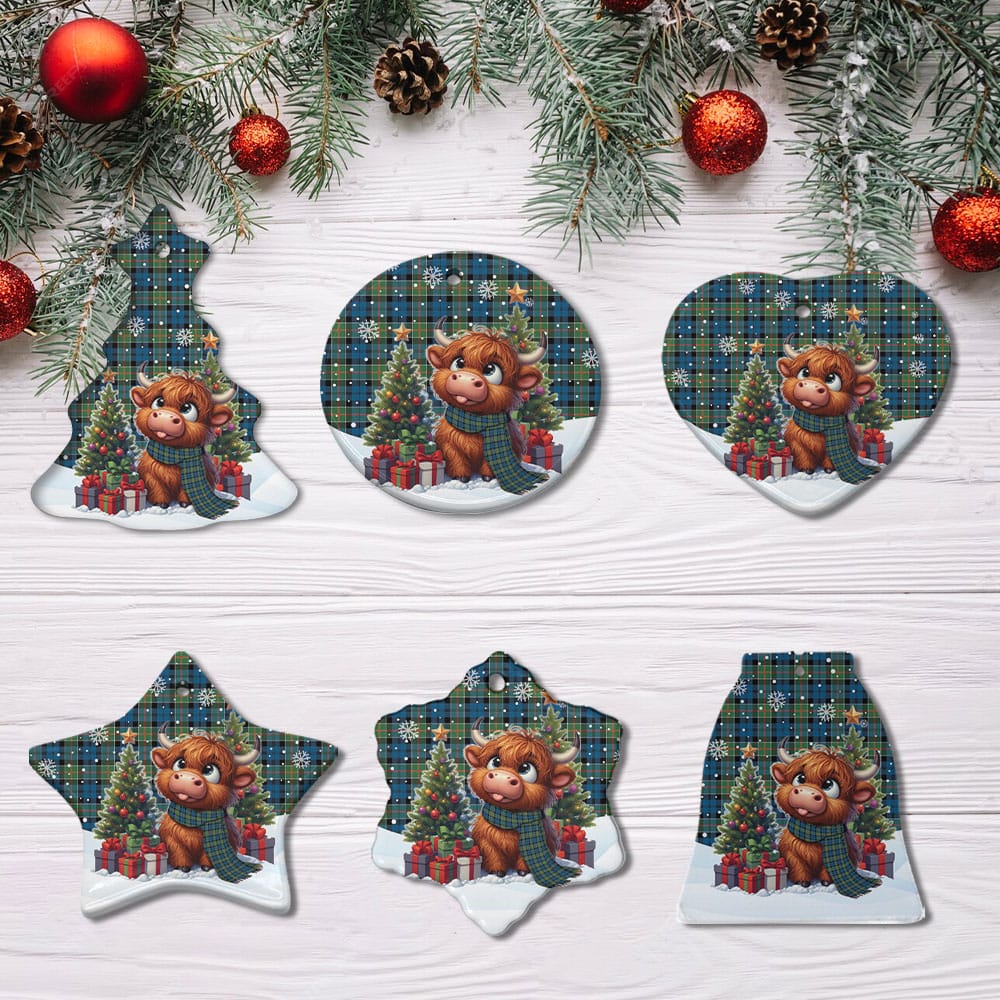 Scottish Colquhoun Ancient Tartan Ceramic Ornament Cute Highland Cow Christmas