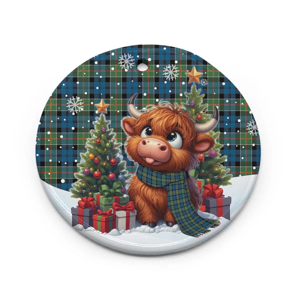 Scottish Colquhoun Ancient Tartan Ceramic Ornament Cute Highland Cow Christmas - Image 2
