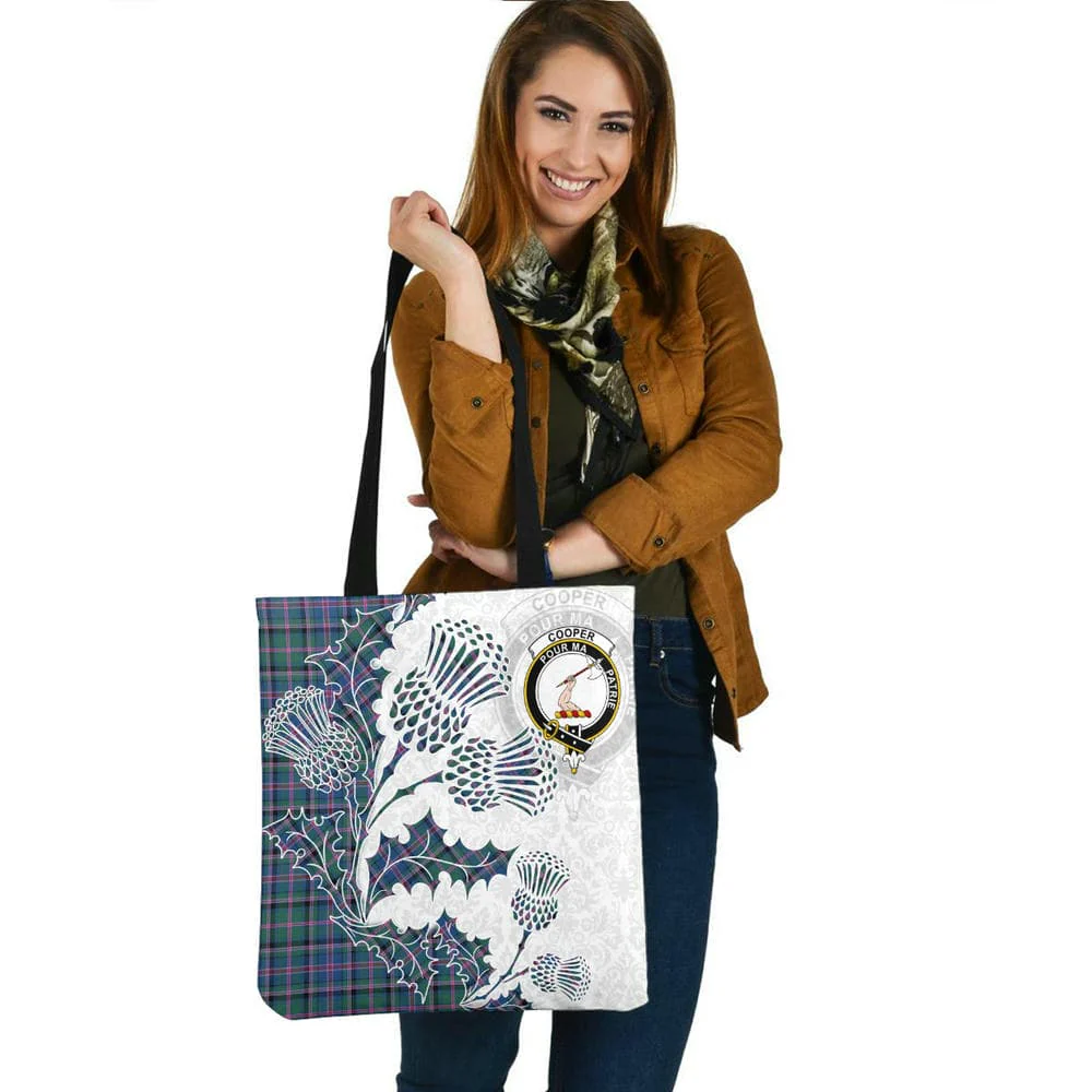 Scottish Cooper Clan Crest Tartan Tote Bag - Thistle Flowers Style - Image 2