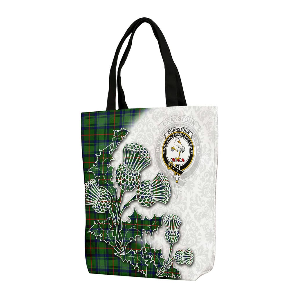 Scottish Cranstoun Clan Badge Tartan Canvas Bag With Shoulder Straps - Thistle Flowers Style