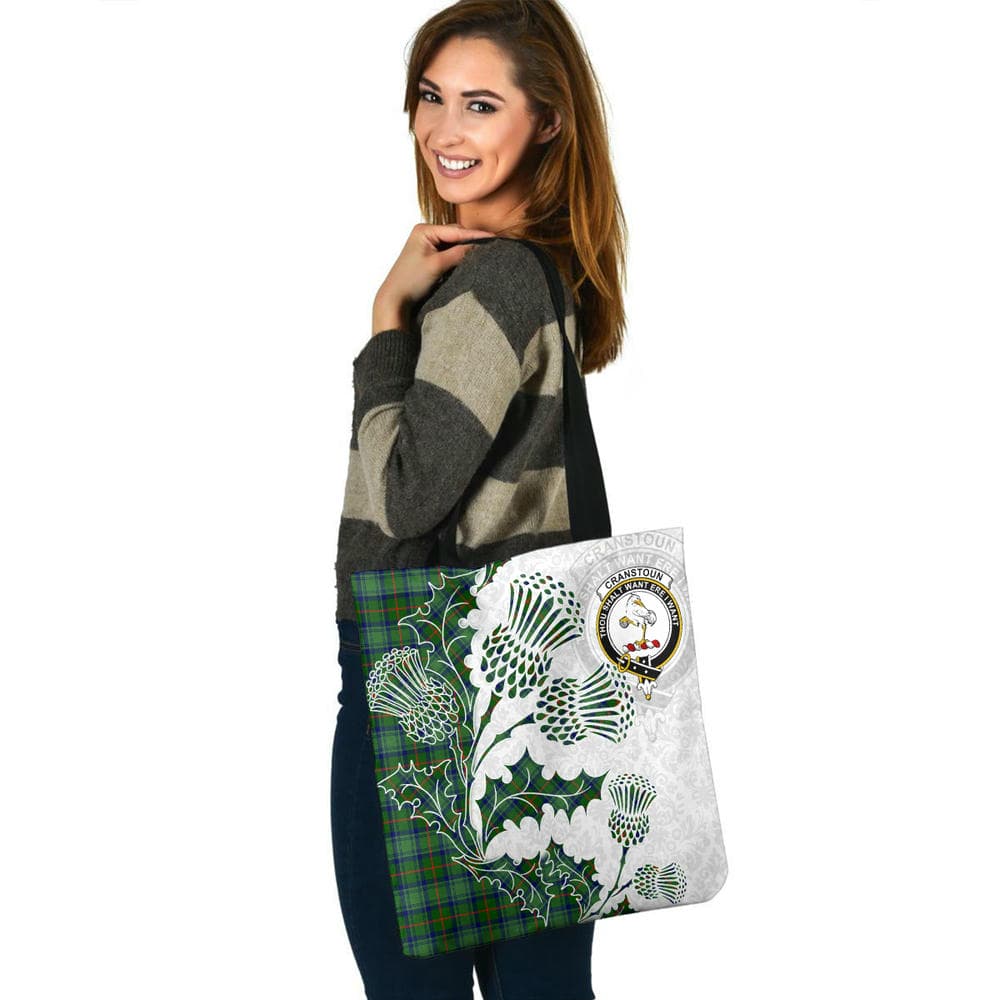 Scottish Cranstoun Clan Crest Tartan Tote Bag - Thistle Flowers Style - Image 3