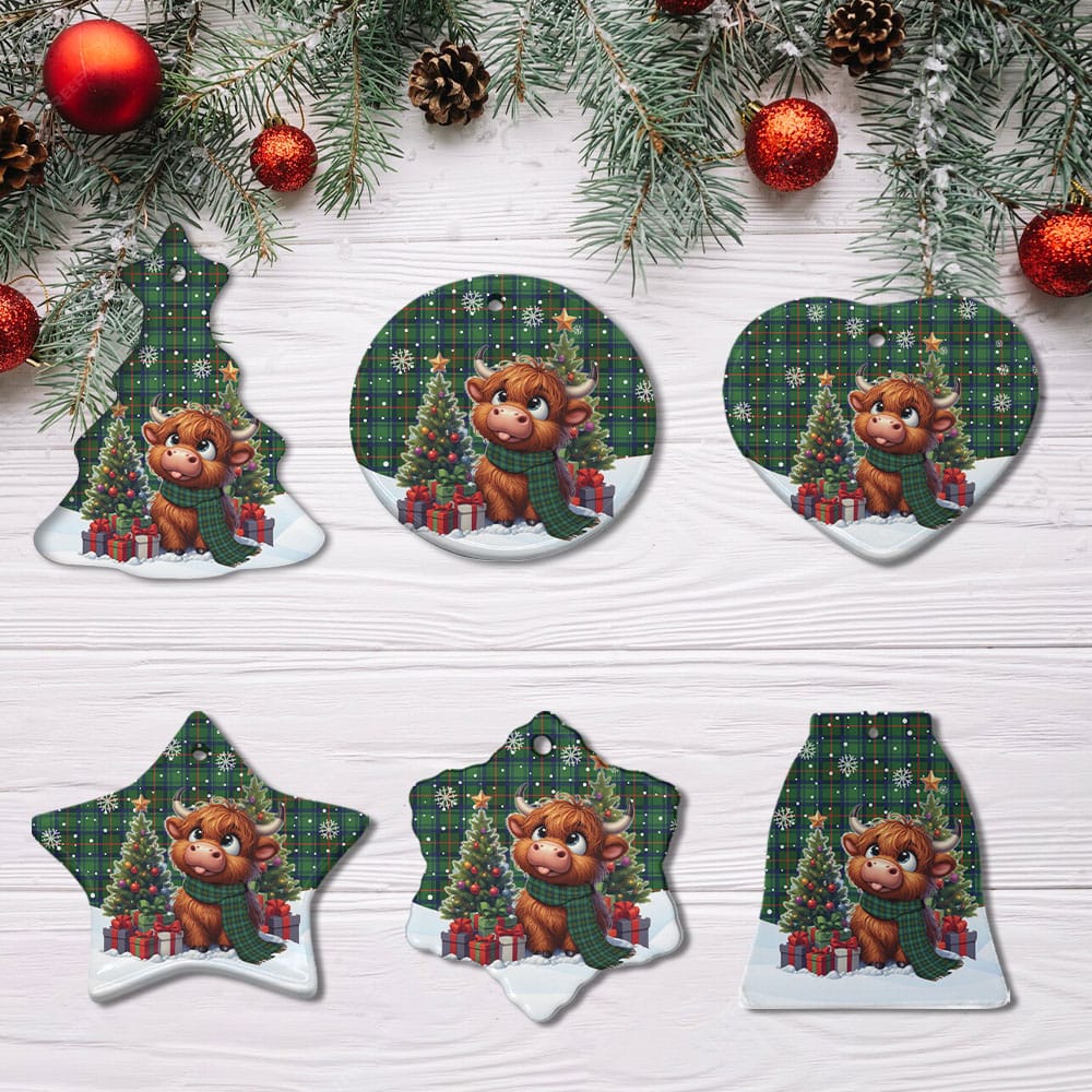 Scottish Cranstoun Tartan Ceramic Ornament Cute Highland Cow Christmas