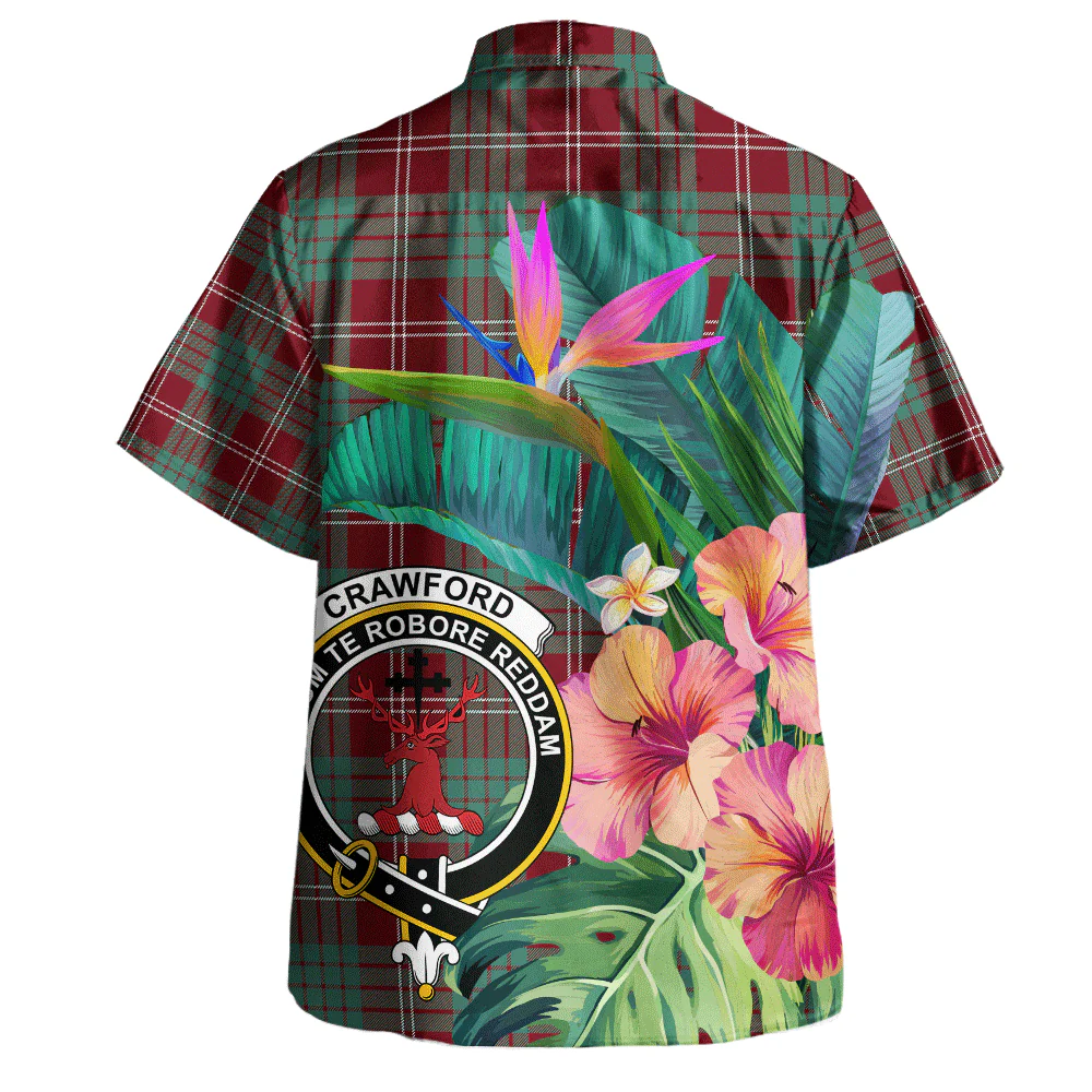 Scottish Crawford Modern Clan Badge Tartan Hawaiian Shirt Bouquet Tropical Style - Image 3