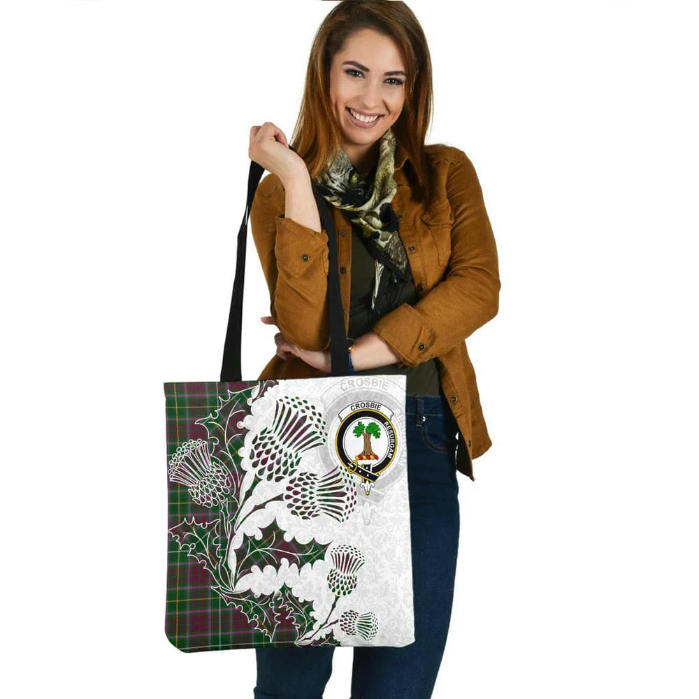 Scottish Crosbie Clan Crest Tartan Tote Bag - Thistle Flowers Style - Image 2