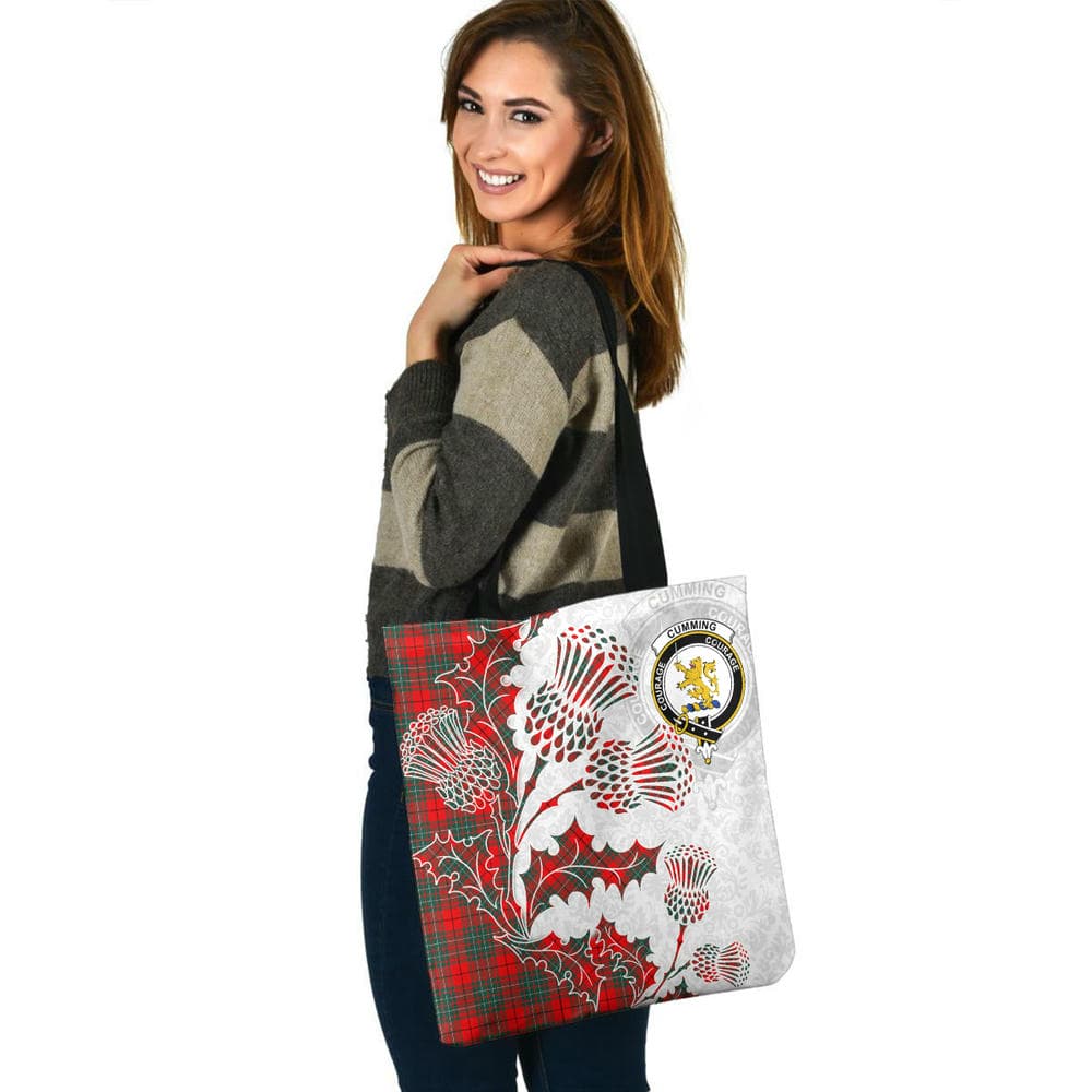 Scottish Cumming Clan Crest Tartan Tote Bag - Thistle Flowers Style - Image 3