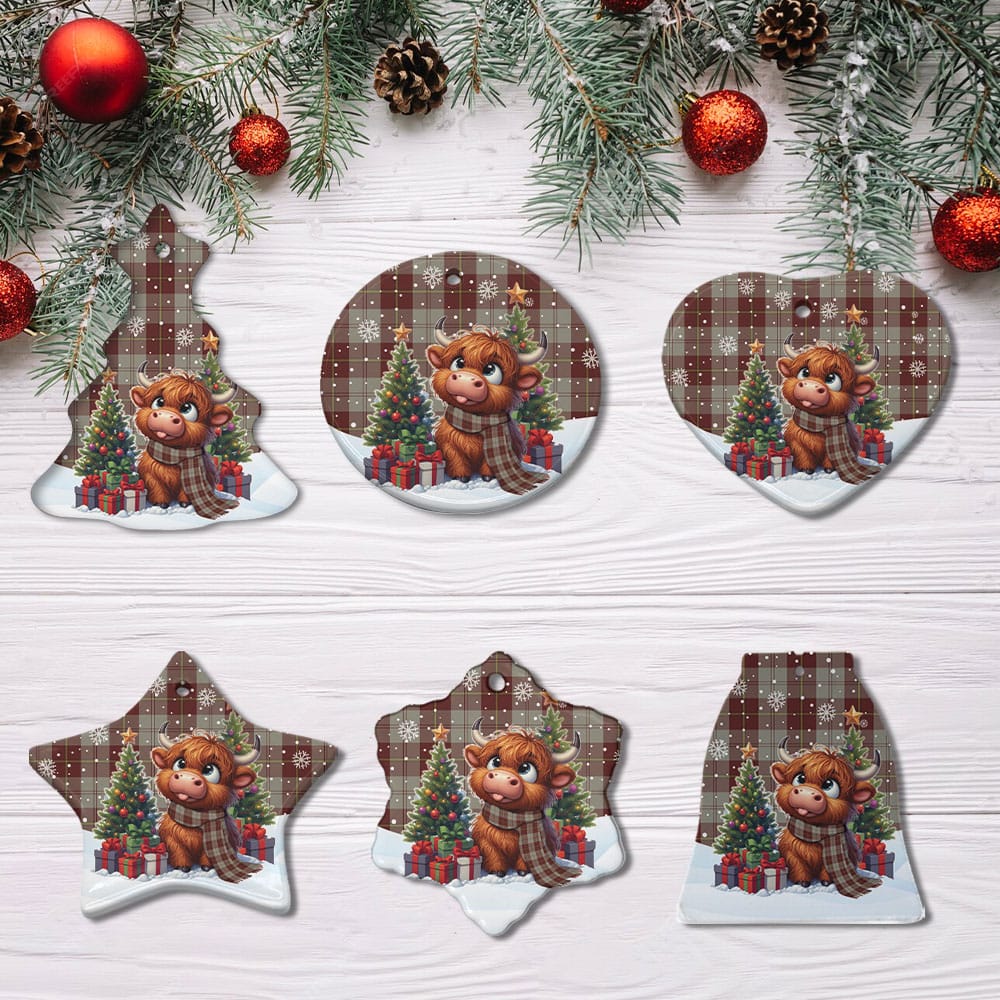 Scottish Cunningham Burgundy Dancers Tartan Ceramic Ornament Cute Highland Cow Christmas