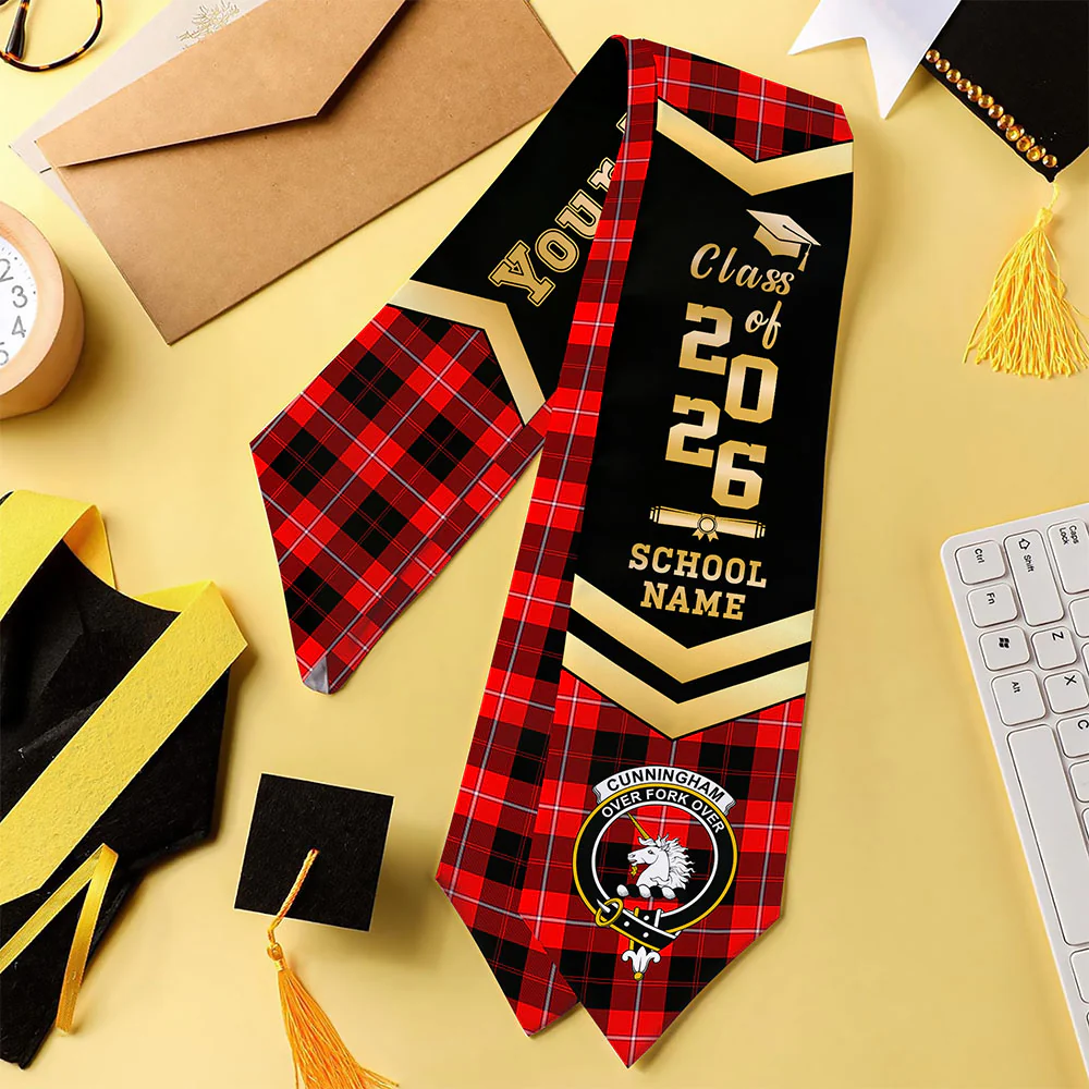 Scottish Cunningham Modern Clan Badge Tartan Graduation Stole Black Gold Honor - Image 4