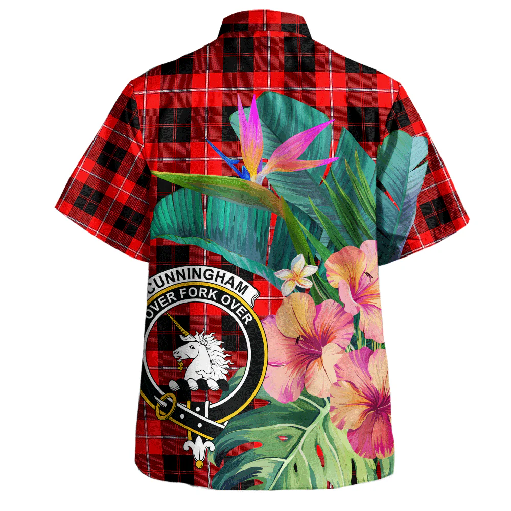 Scottish Cunningham Modern Clan Badge Tartan Hawaiian Shirt Bouquet Tropical Style - Image 3