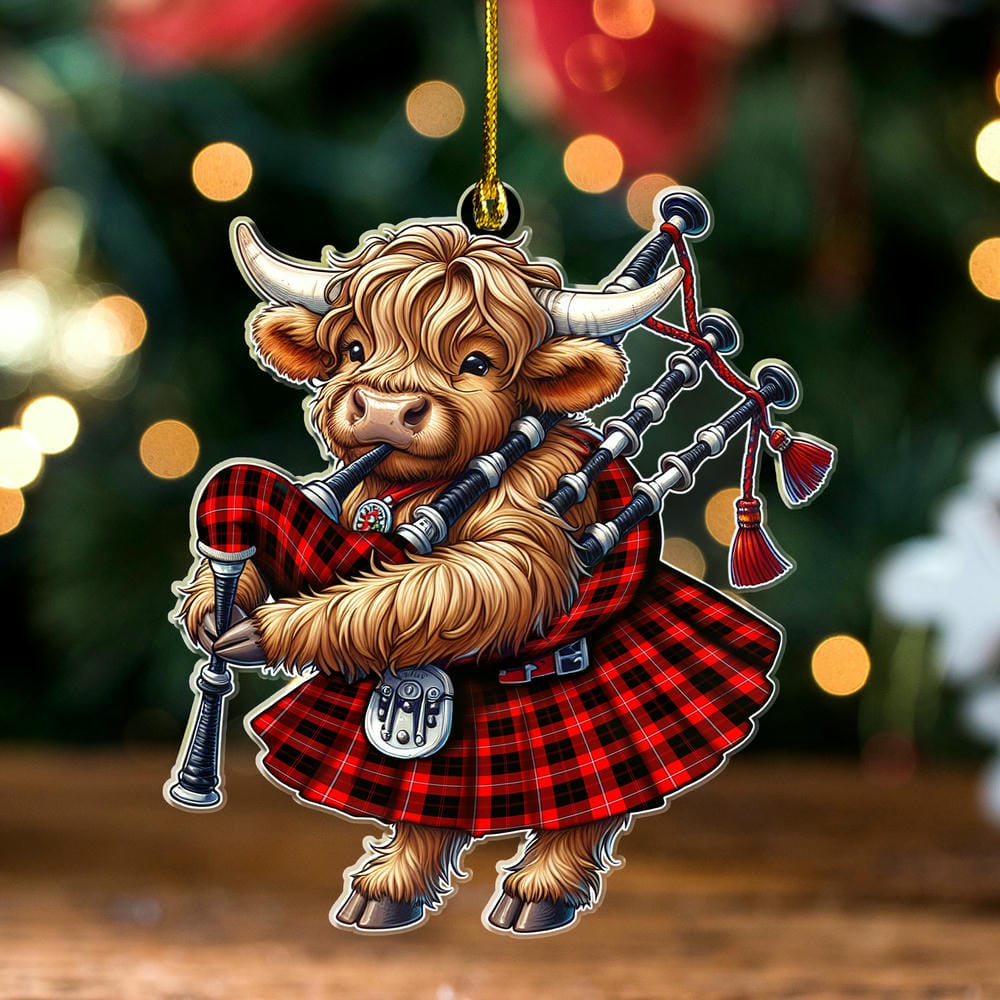 Scottish Cunningham Modern Tartan Ornament Highland Cow Playing Bagpipes