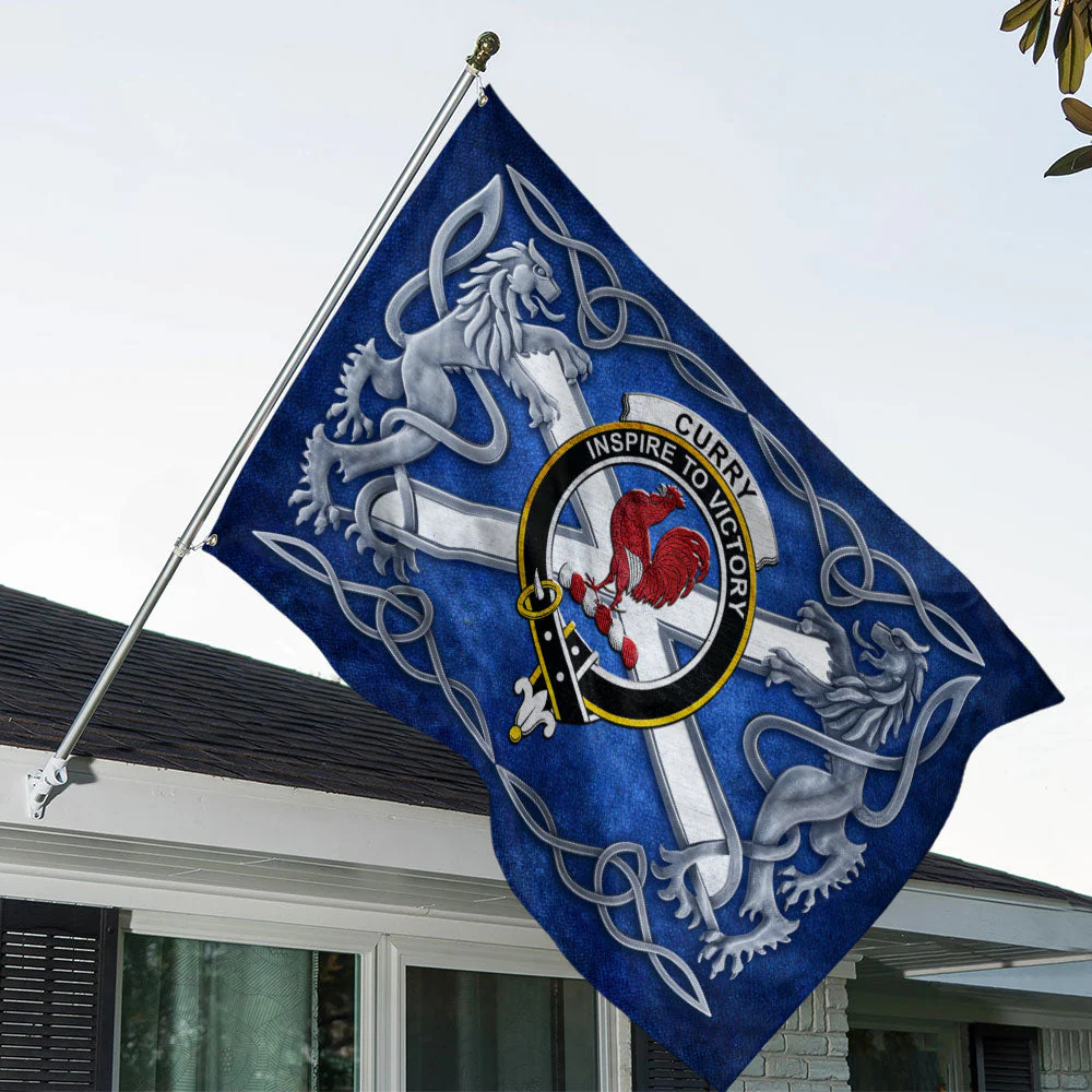 Scottish Curry Clan Badge Flag Parade Silver Rampant Lion Emblem
