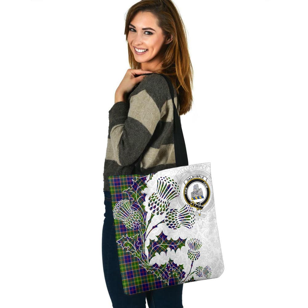 Scottish Dalrymple Clan Crest Tartan Tote Bag - Thistle Flowers Style - Image 3