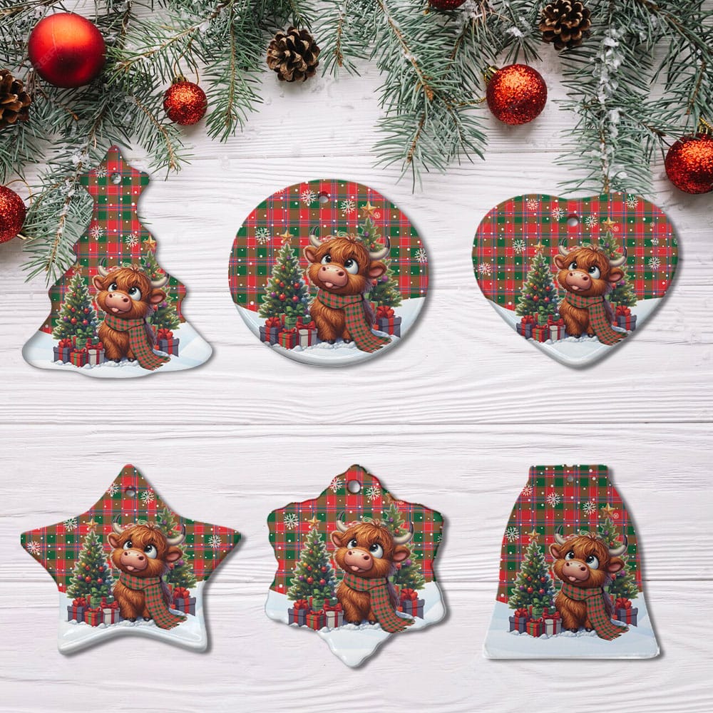 Scottish Dalziel Modern Tartan Ceramic Ornament Cute Highland Cow Christmas