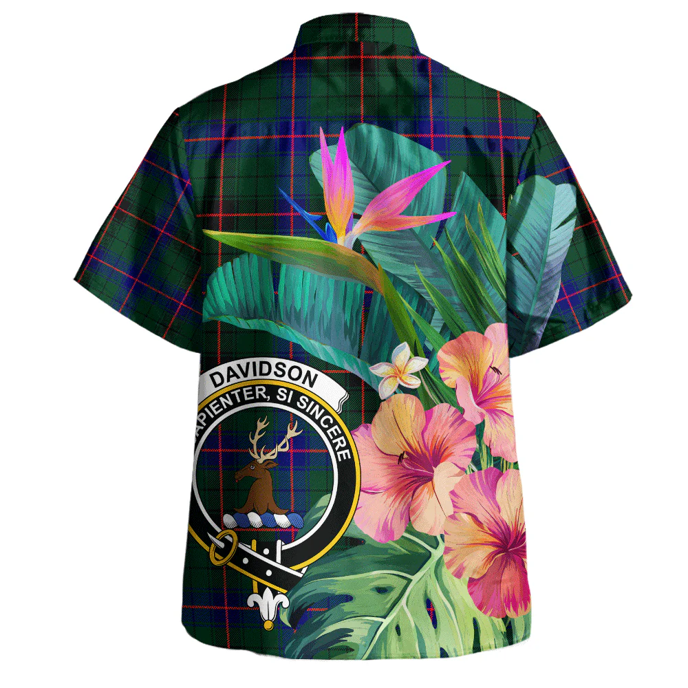 Scottish Davidson Modern Clan Badge Tartan Hawaiian Shirt Bouquet Tropical Style - Image 3