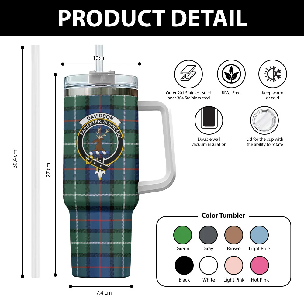 Scottish Davidson of Tulloch  Clan Badge Tartan 40oz Tumbler - Image 2
