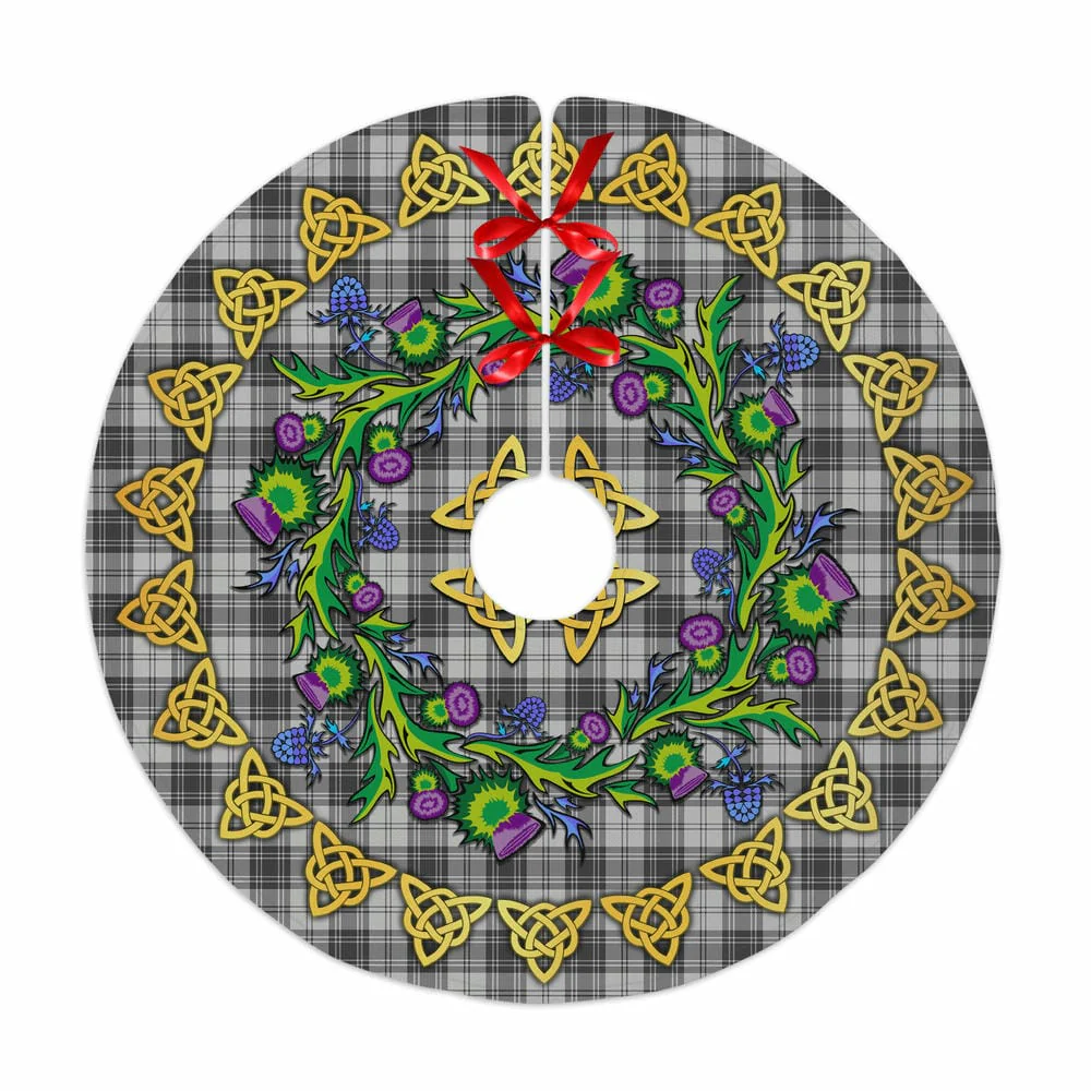 Scottish Douglas Grey Modern Tartan Thistle Celtic Knot Christmas Tree Skirt