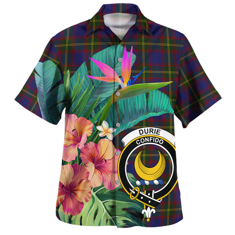Scottish Durie Clan Badge Tartan Hawaiian Shirt Bouquet Tropical Style