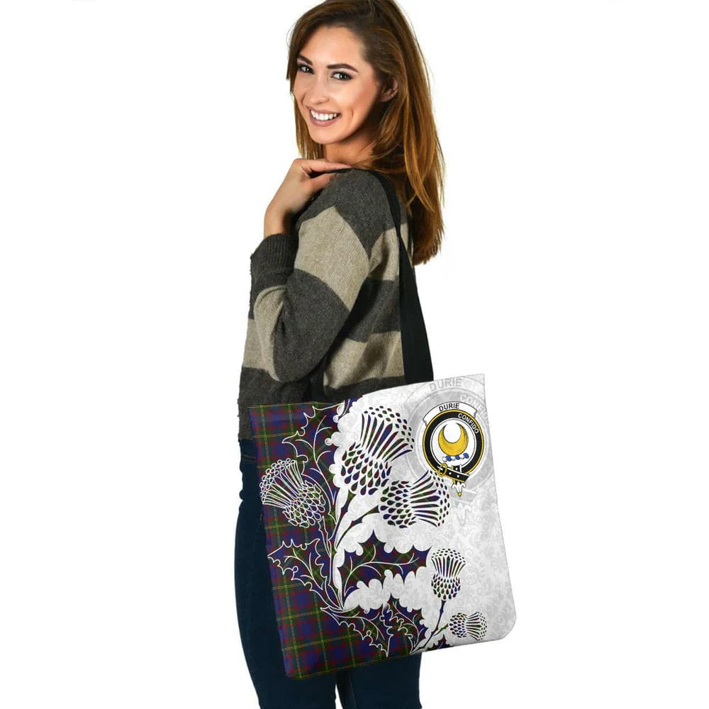 Scottish Durie Clan Crest Tartan Tote Bag - Thistle Flowers Style - Image 3