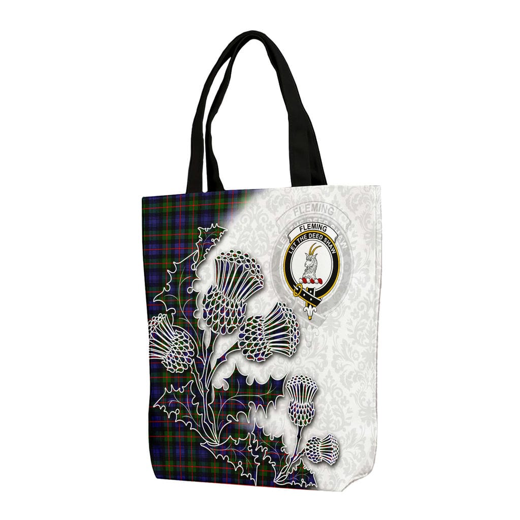Scottish Fleming Clan Badge Tartan Canvas Bag With Shoulder Straps - Thistle Flowers Style