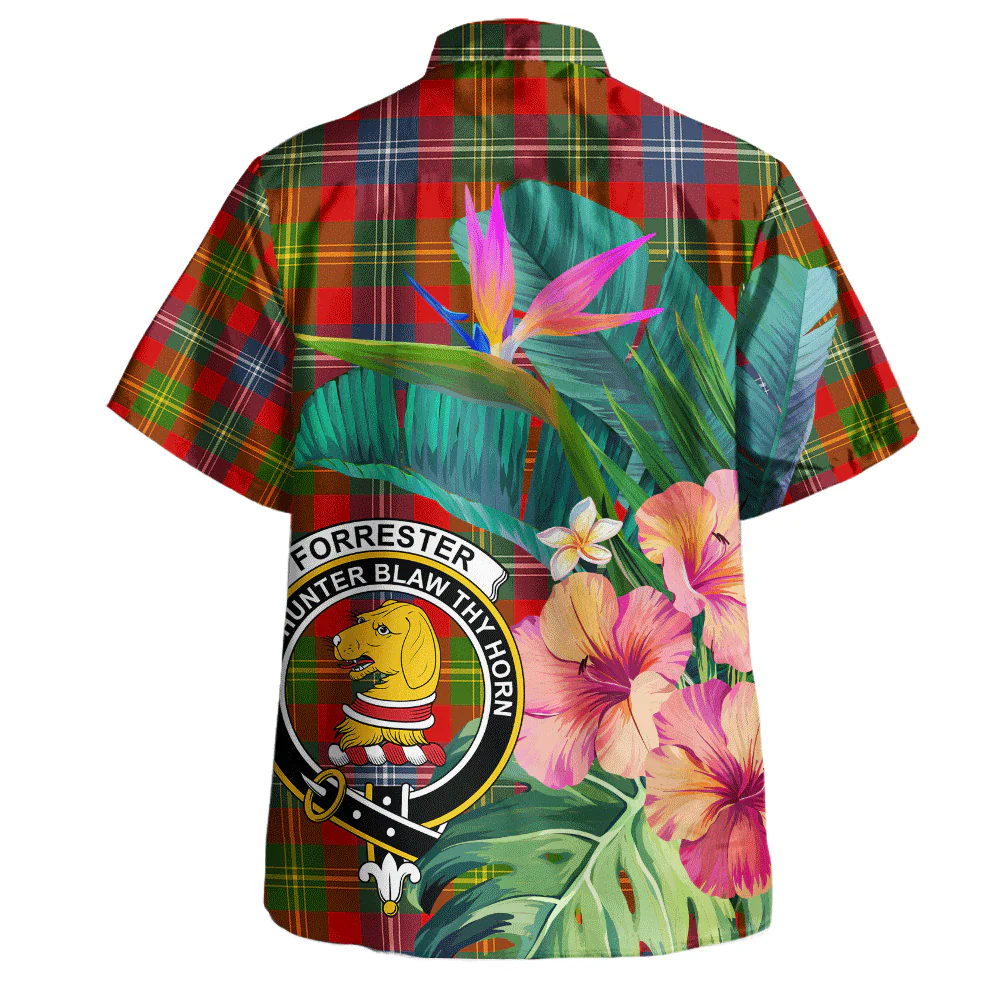 Scottish Forrester Clan Badge Tartan Hawaiian Shirt Bouquet Tropical Style - Image 3