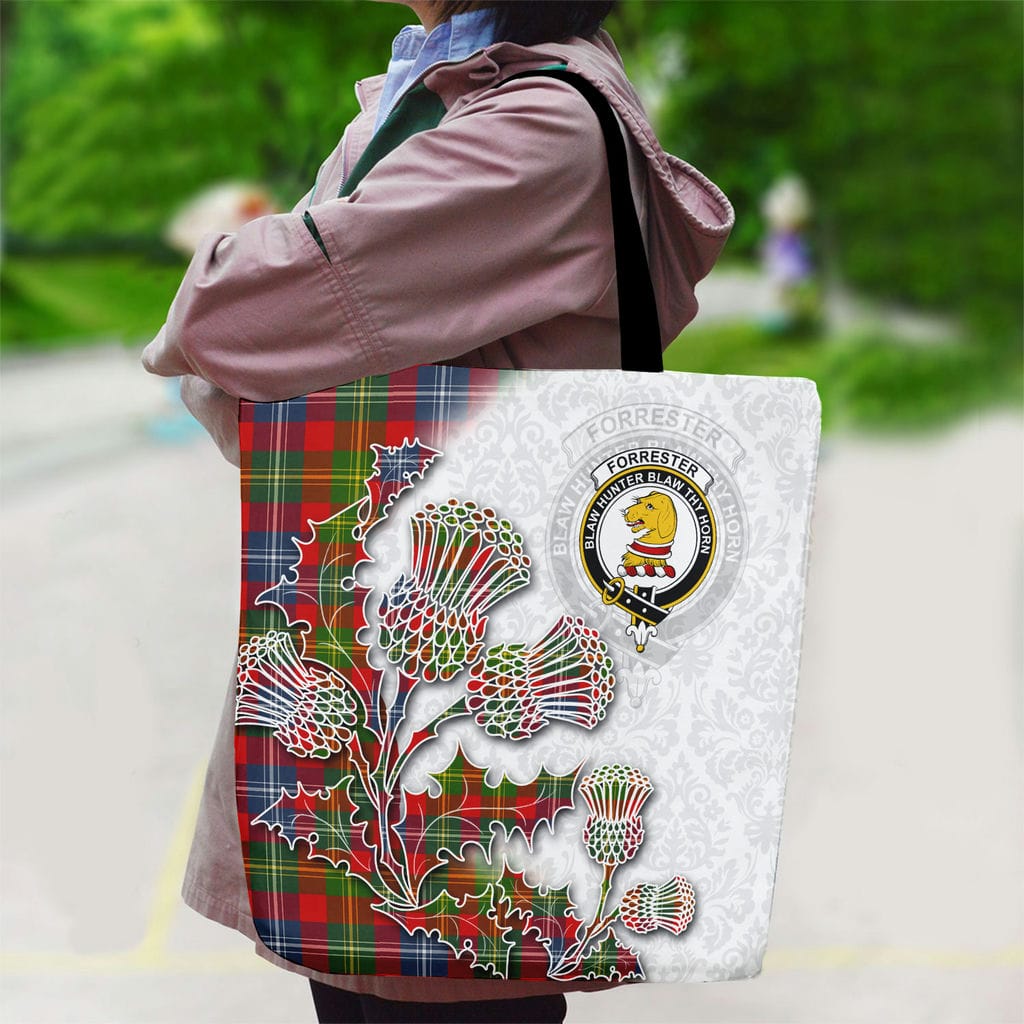 Scottish Forrester Clan Badge Tartan Canvas Bag With Shoulder Straps - Thistle Flowers Style - Image 2