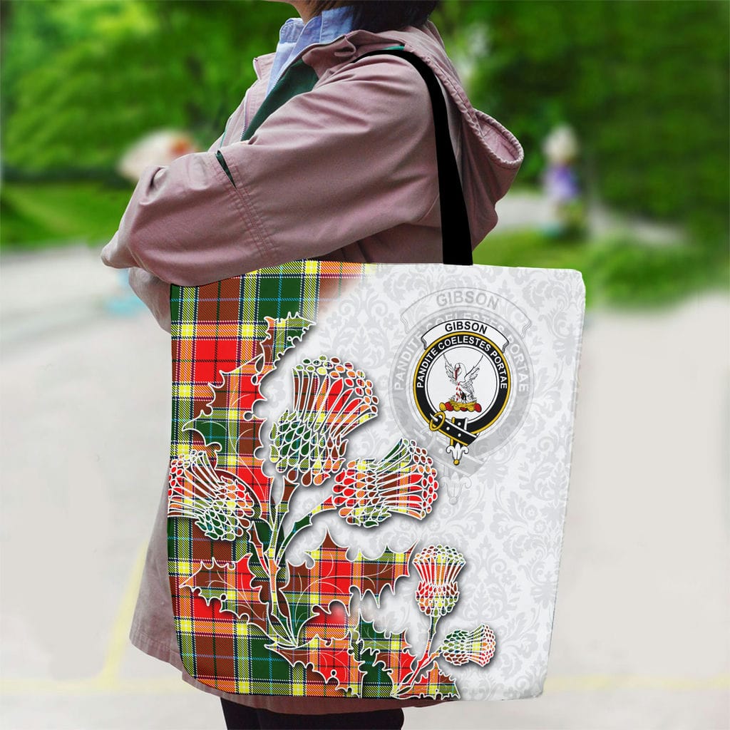 Scottish Gibson Clan Badge Tartan Canvas Bag With Shoulder Straps - Thistle Flowers Style - Image 2