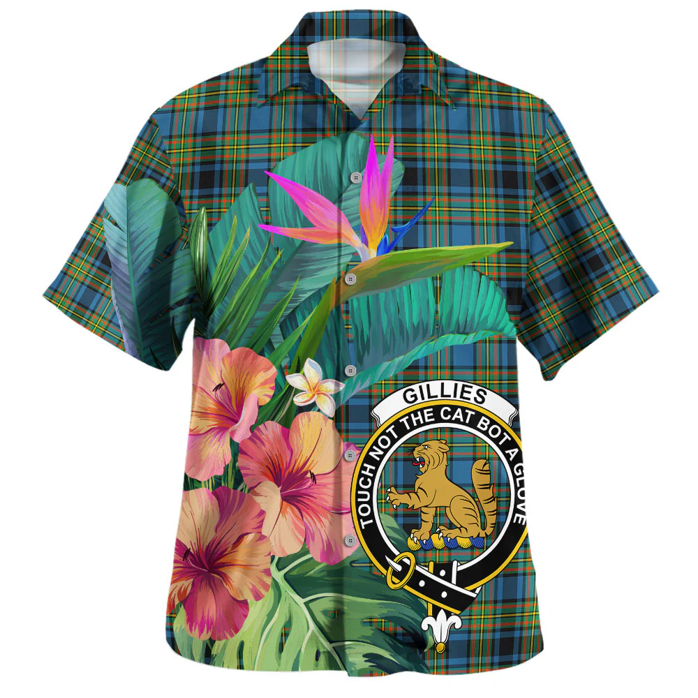 Scottish Gillies Ancient Clan Badge Tartan Hawaiian Shirt Bouquet Tropical Style