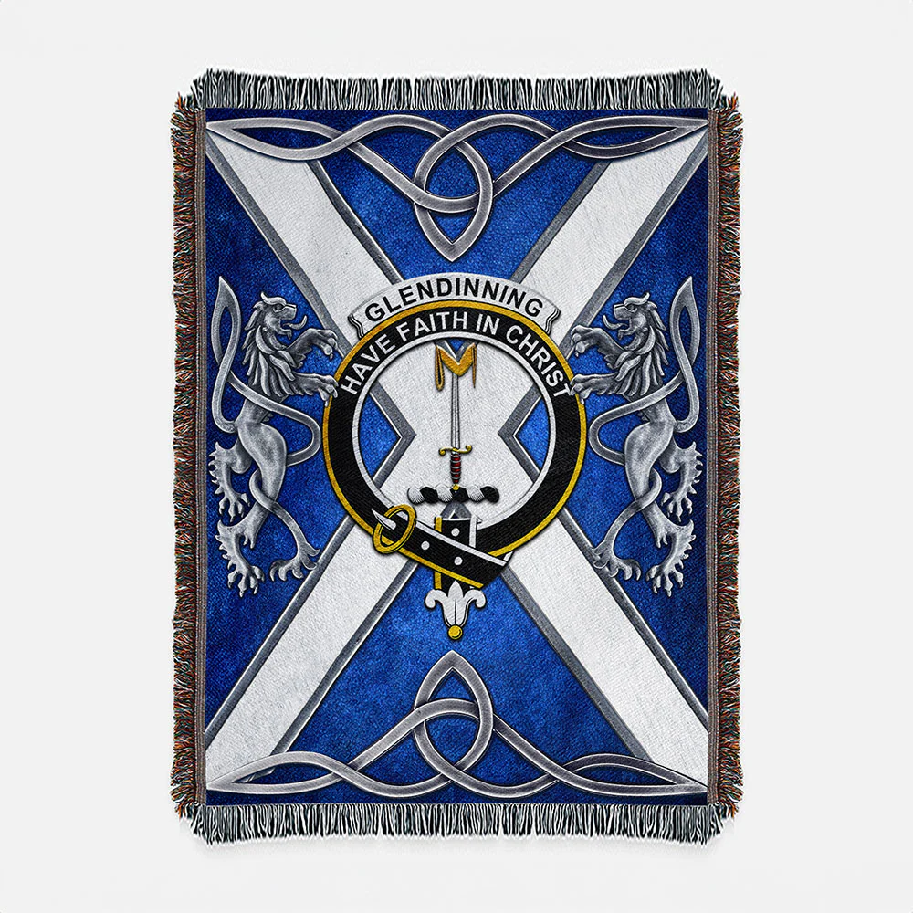 Scottish Glendinning Clan Badge Woven Blanket Silver Rampant Lion Emblem