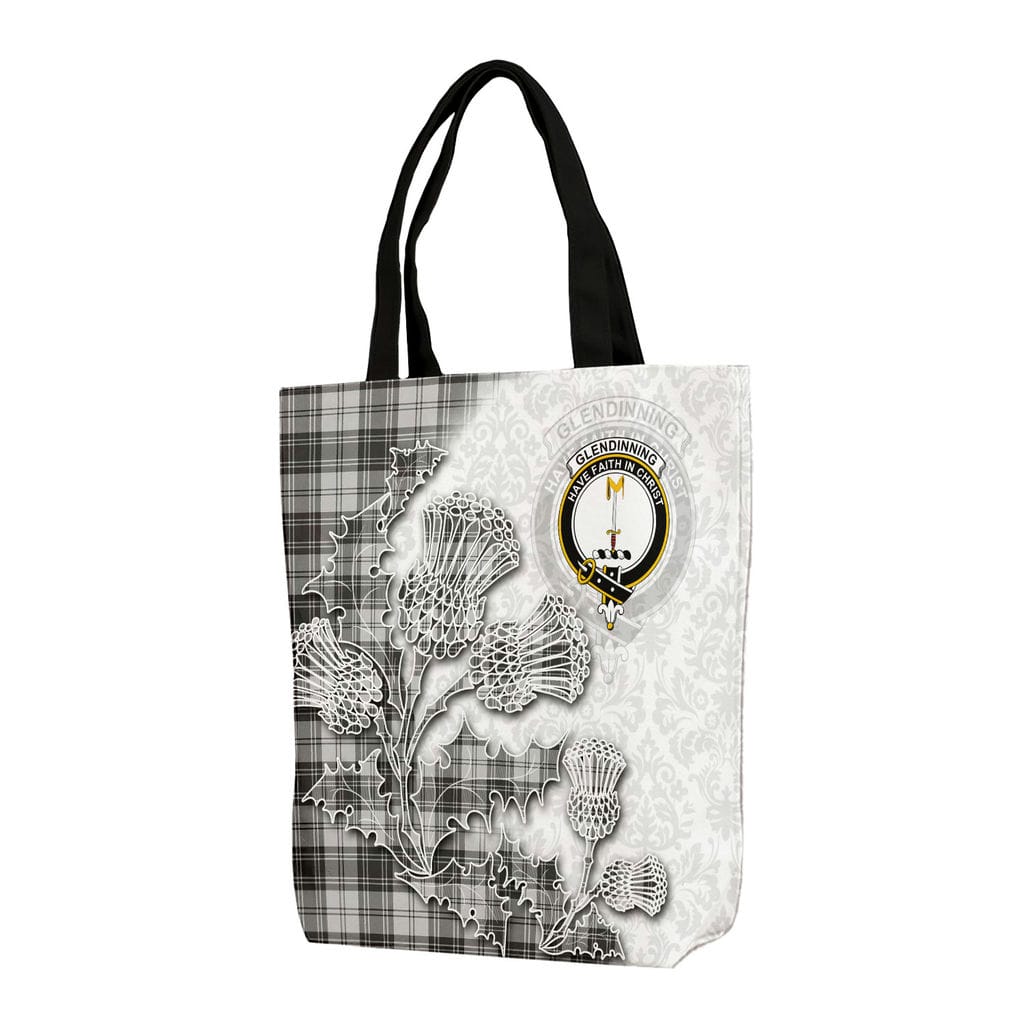 Scottish Glendinning Clan Badge Tartan Canvas Bag With Shoulder Straps - Thistle Flowers Style