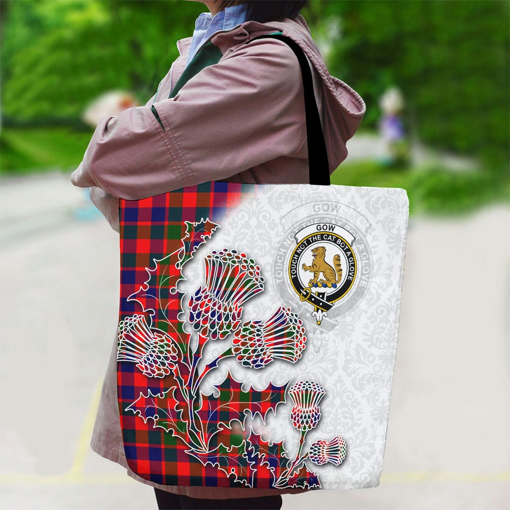 Scottish Gow (or McGouan) Clan Badge Tartan Canvas Bag With Shoulder Straps - Thistle Flowers Style - Image 2
