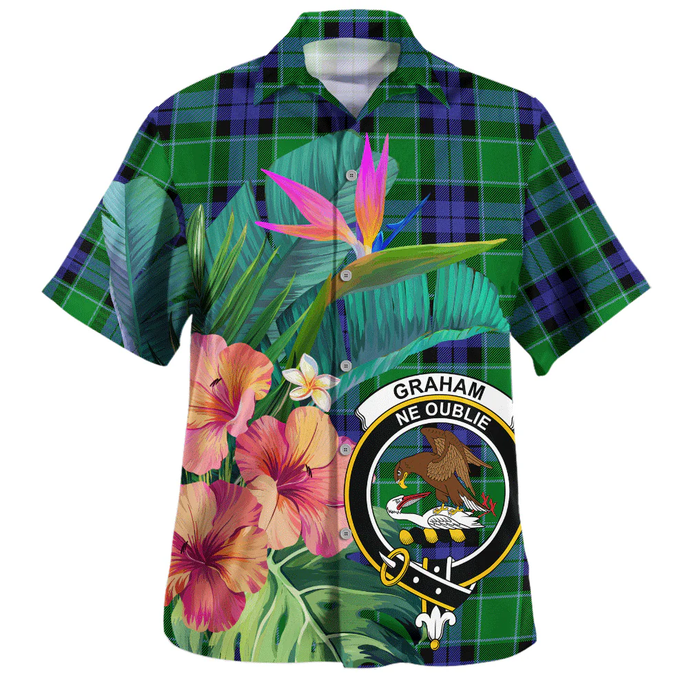 Scottish Graham of Menteith Modern Clan Badge Tartan Hawaiian Shirt Bouquet Tropical Style