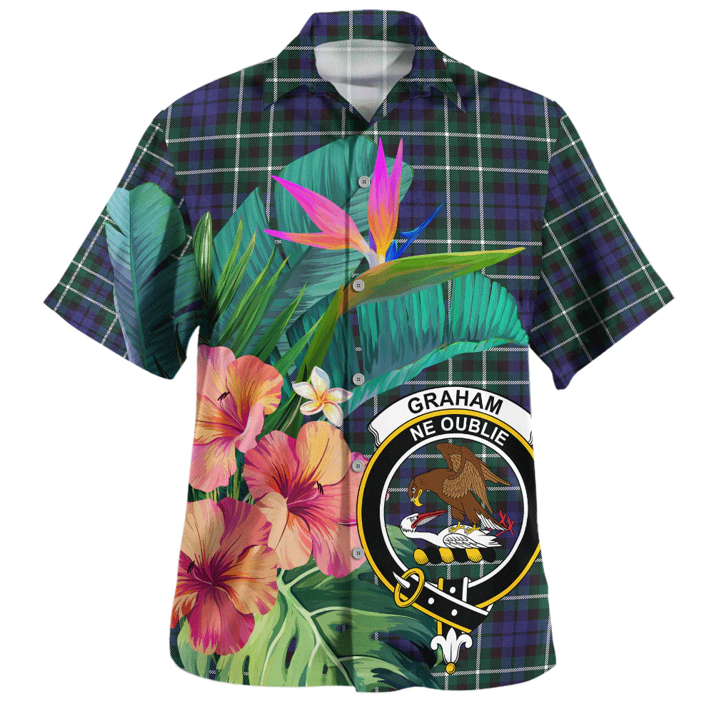 Scottish Graham of Montrose Modern Clan Badge Tartan Hawaiian Shirt Bouquet Tropical Style